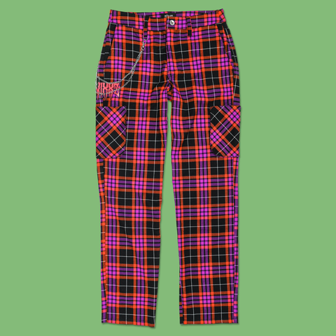 Electric Chrome Plaid Cargo Pants - Front - from SWIXXZ by Maggie Lindemann