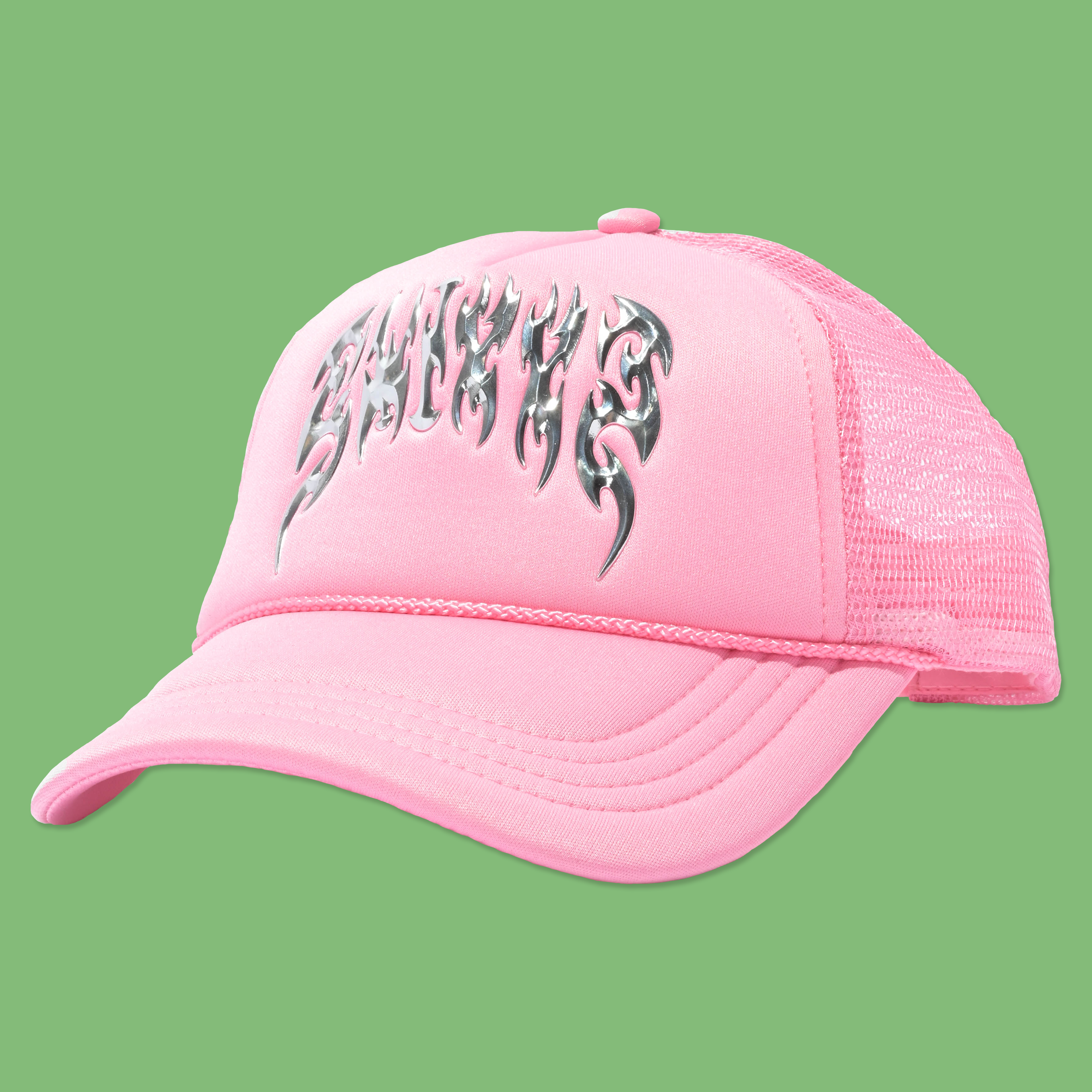 Pink Chrome Trucker Hat from SWIXXZ by Maggie Lindemann - Front