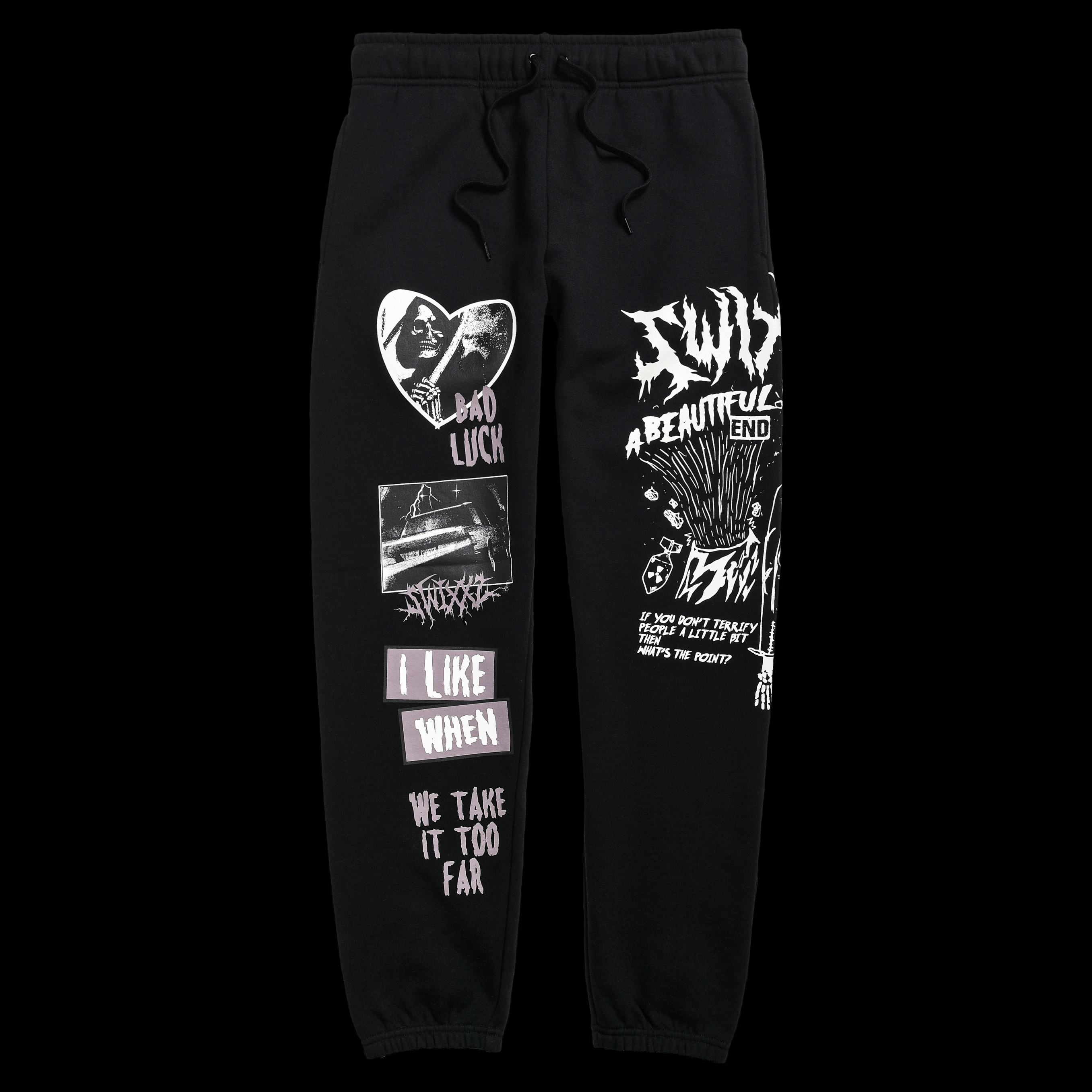 Beautiful End black sweatpants from clothing brand SWIXXZ by Maggie Lindemann - front view