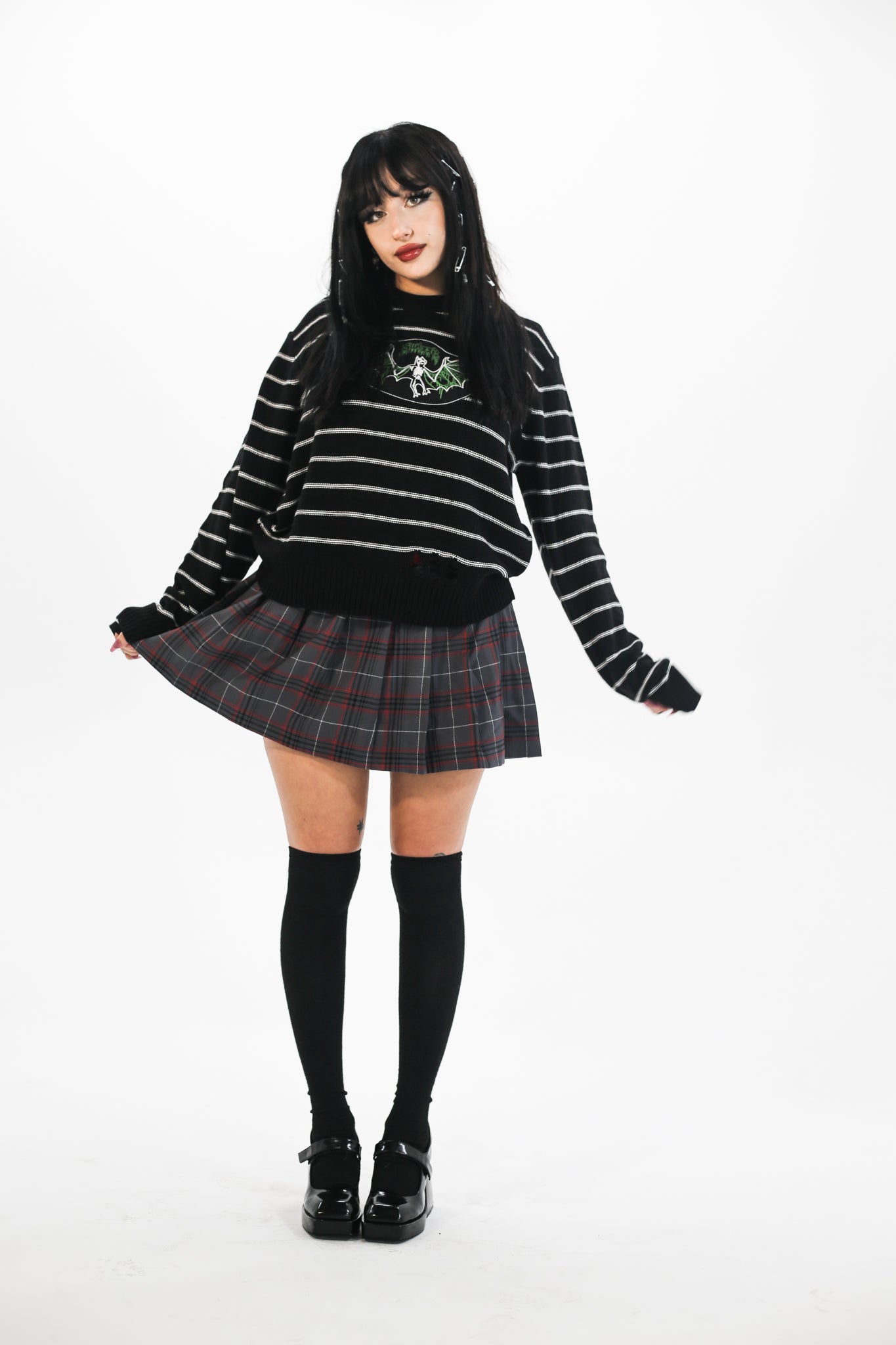 Bat Striped Distressed Sweater