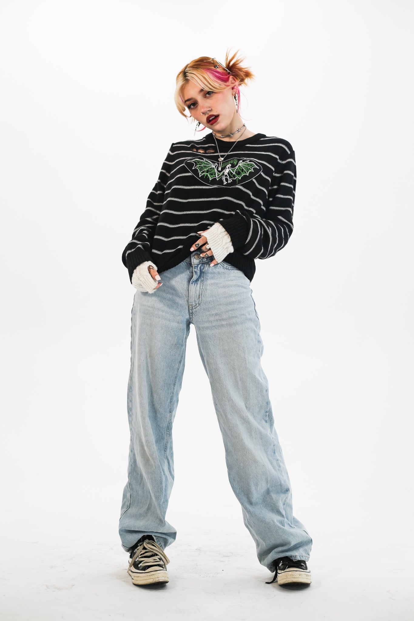Bat Striped Distressed Sweater
