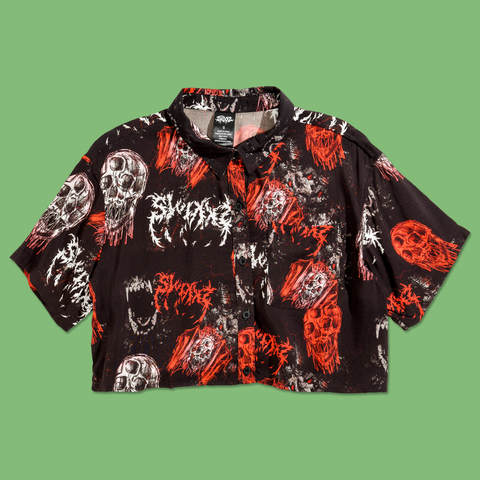 Monster Pattern Black Crop Button Up Shirt from SWIXXZ by Maggie Lindemann - Front